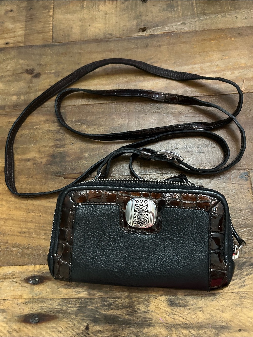 Vintage Brighton black and  Brown Crossbody Wallet with Decorative Silver Clasp
